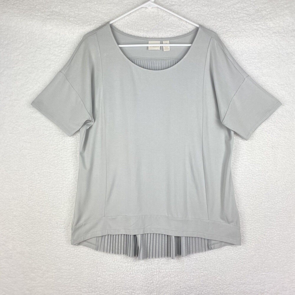 Chicos Top Womens Size 2 Large Grey Preston‎ Pleated Tee High Low Tunic Relaxed